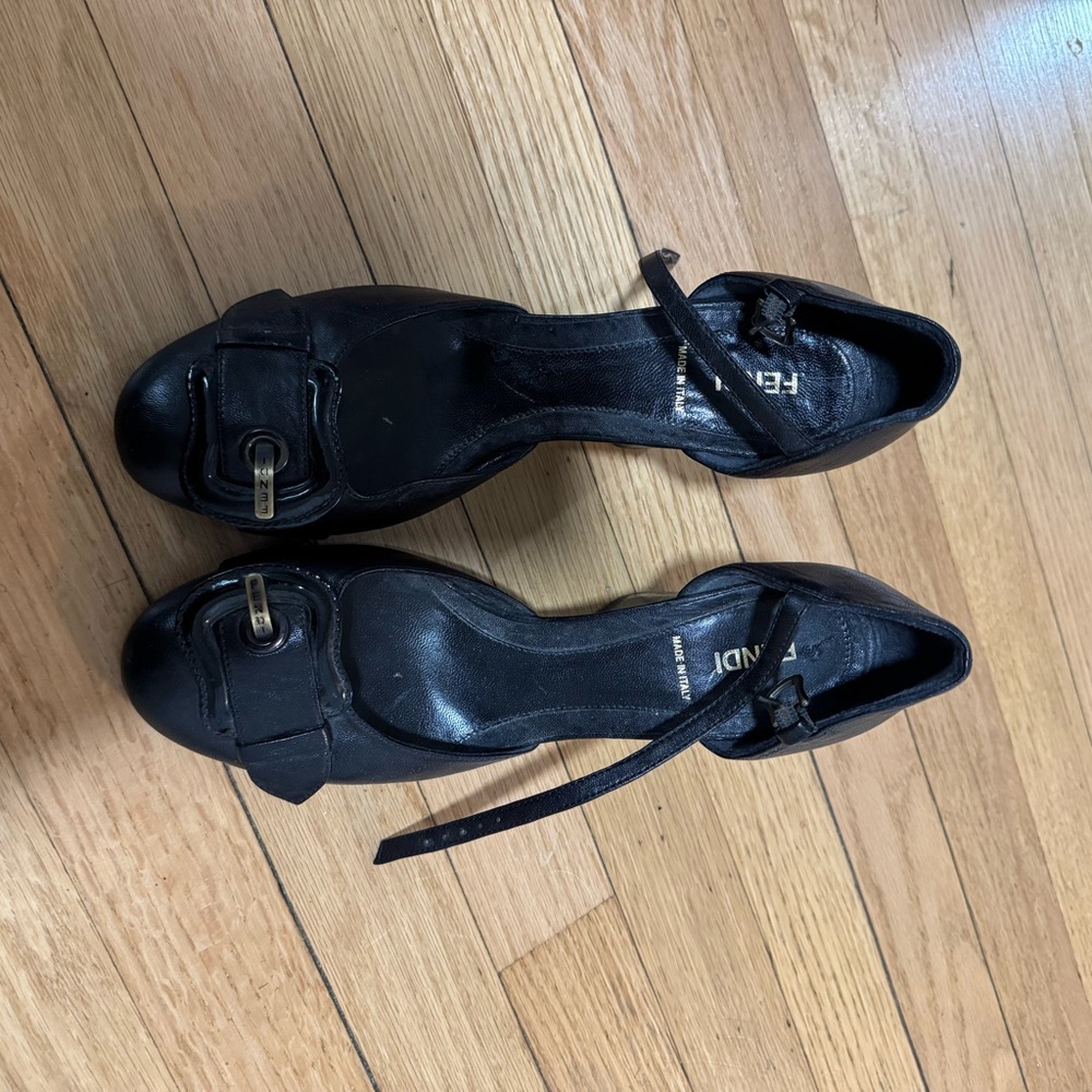 Fendi Black Leather Flats with Buckle Detail